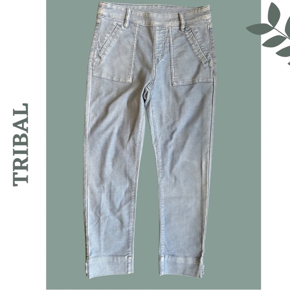 Tribal Women’s Stretch Pull On Capri Pant Washed Denim Look Front Rear Pockets - Picture 1 of 6